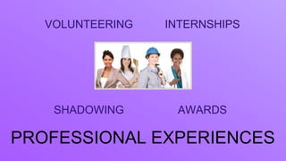 INTERNSHIPS
AWARDS
VOLUNTEERING
SHADOWING
PROFESSIONAL EXPERIENCES
 