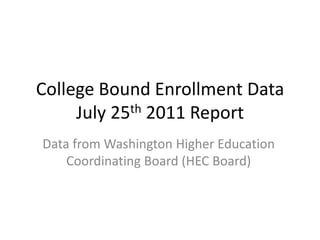 College Bound Enrollment Data July 25th 2011 Report  Data from Washington Higher Education Coordinating Board (HEC Board) 