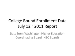 College Bound Enrollment Data
     July 12th 2011 Report
Data from Washington Higher Education
    Coordinating Board (HEC Board)
 