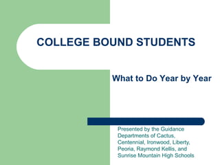 COLLEGE BOUND STUDENTS


          What to Do Year by Year




           Presented by the Guidance
           Departments of Cactus,
           Centennial, Ironwood, Liberty,
           Peoria, Raymond Kellis, and
           Sunrise Mountain High Schools
 