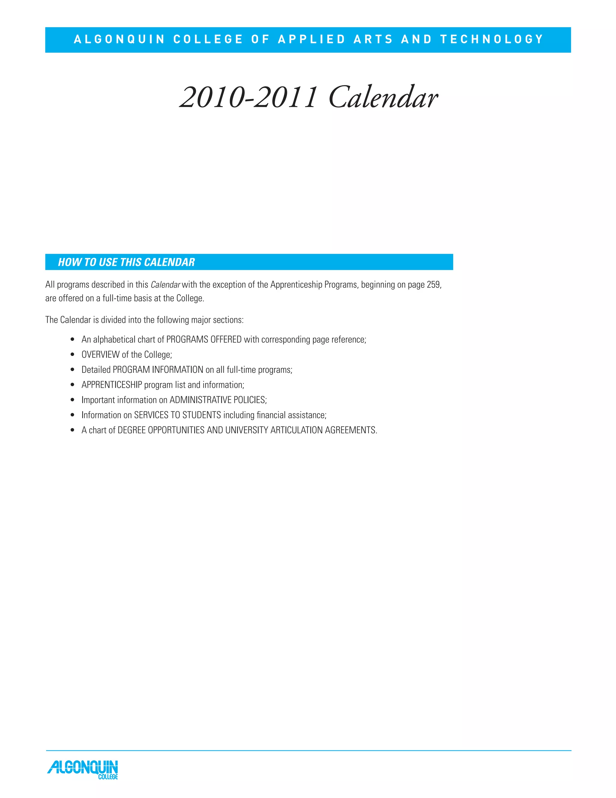 College calendar 2010 11 for Algonquin College PDF