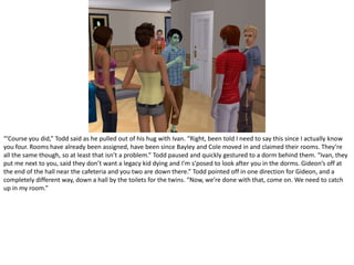 “’Course you did,” Todd said as he pulled out of his hug with Ivan. “Right, been told I need to say this since I actually know you four. Rooms have already been assigned, have been since Bayley and Cole moved in and claimed their rooms. They’re all the same though, so at least that isn’t a problem.” Todd paused and quickly gestured to a dorm behind them. “Ivan, they put me next to you, said they don’t want a legacy kid dying and I’m s’posed to look after you in the dorms. Gideon’s off at the end of the hall near the cafeteria and you two are down there.” Todd pointed off in one direction for Gideon, and a completely different way, down a hall by the toilets for the twins. “Now, we’re done with that, come on. We need to catch up in my room.”