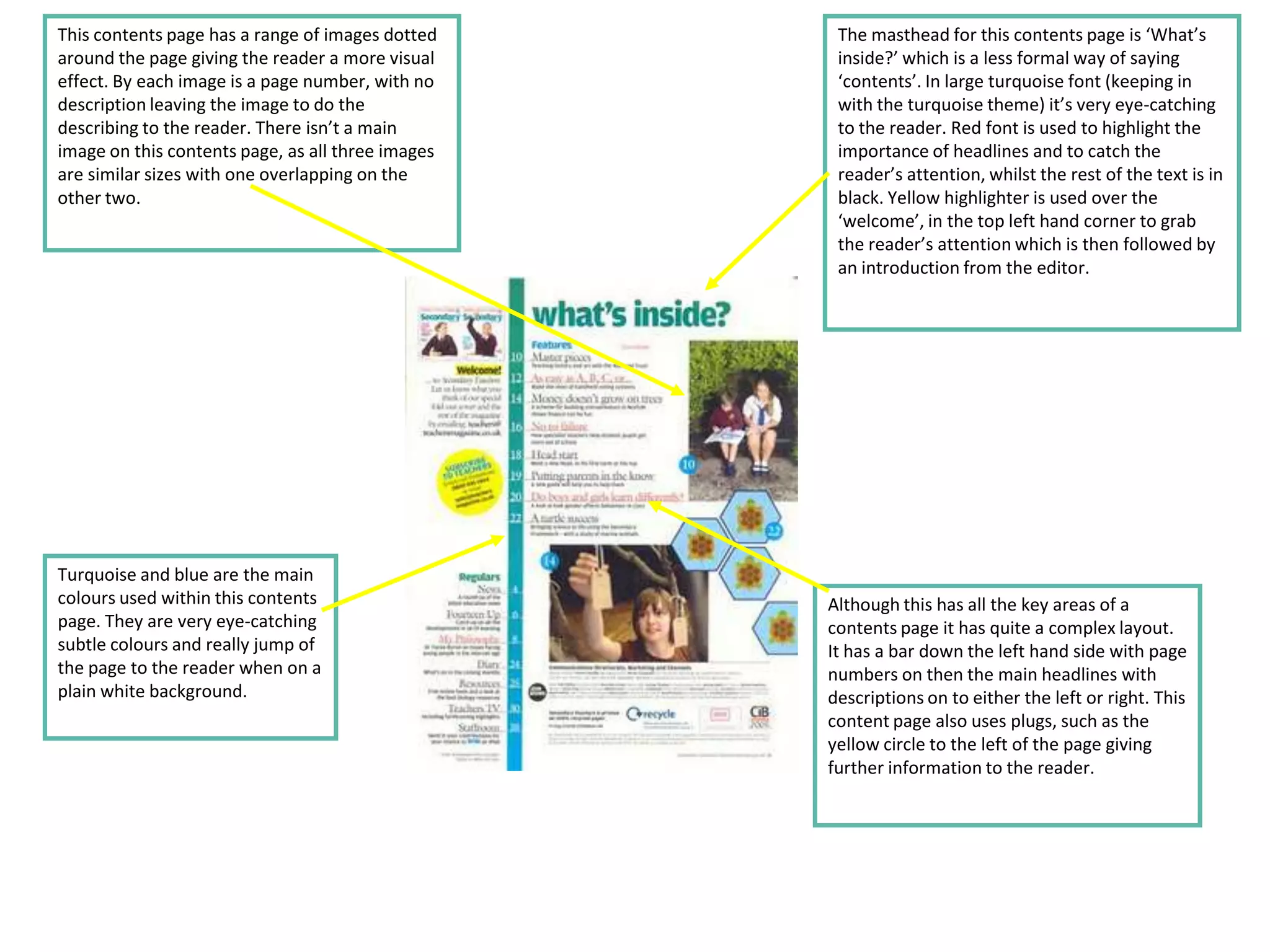 This contents page has a range of images dotted     The masthead for this contents page is ‘What’s
around the page giving the reader a more visual     inside?’ which is a less formal way of saying
effect. By each image is a page number, with no     ‘contents’. In large turquoise font (keeping in
description leaving the image to do the             with the turquoise theme) it’s very eye-catching
describing to the reader. There isn’t a main        to the reader. Red font is used to highlight the
image on this contents page, as all three images    importance of headlines and to catch the
are similar sizes with one overlapping on the       reader’s attention, whilst the rest of the text is in
other two.                                          black. Yellow highlighter is used over the
                                                    ‘welcome’, in the top left hand corner to grab
                                                    the reader’s attention which is then followed by
                                                    an introduction from the editor.




Turquoise and blue are the main
colours used within this contents                  Although this has all the key areas of a
page. They are very eye-catching                   contents page it has quite a complex layout.
subtle colours and really jump of                  It has a bar down the left hand side with page
the page to the reader when on a                   numbers on then the main headlines with
plain white background.                            descriptions on to either the left or right. This
                                                   content page also uses plugs, such as the
                                                   yellow circle to the left of the page giving
                                                   further information to the reader.
 