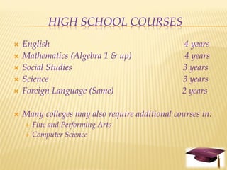 HIGH SCHOOL COURSES
   English                                     4 years
   Mathematics (Algebra 1 & up)                 4 years
   Social Studies                              3 years
   Science                                     3 years
   Foreign Language (Same)                     2 years

   Many colleges may also require additional courses in:
       Fine and Performing Arts
       Computer Science
 