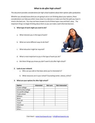 I Got Heart – www.heartawards.org – info@heartawards.org
What to do after high school?
This document provides considerations for high school students about their options after graduation.
Whether you already know what you are going to do or are thinking about your options, these
considerations can help you either move closer to a decision or make sure that the path you have in
mind is the best one. You may not have answers to all of these topics now and that’s okay. The
important thing is to begin thinking about them so you can make a well-informed decision.
1. What type of work might you want to do?
a. What interests you in this type of work?
b. What are some different ways to do that?
c. What education might be required?
d. What is most important to you in the type of work you do?
e. Are there things you know you don’t want to do after high school?
2. Look at your network
a. Who can you talk to that does what you’re interested in?
b. What resources are in your school? Counseling center, Library, online?
3. What are your options for after high school?
Option Interested Not sure Not Interested
4-year college
Community college
For-profit college
Trade school
Military
Work
Time off
Travel
Volunteer
Other…
Other…
 