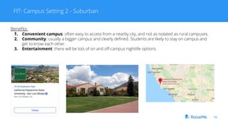 FIT: Campus Setting 2 - Suburban
19
Benefits:
1. Convenient campus: often easy to access from a nearby city, and not as is...