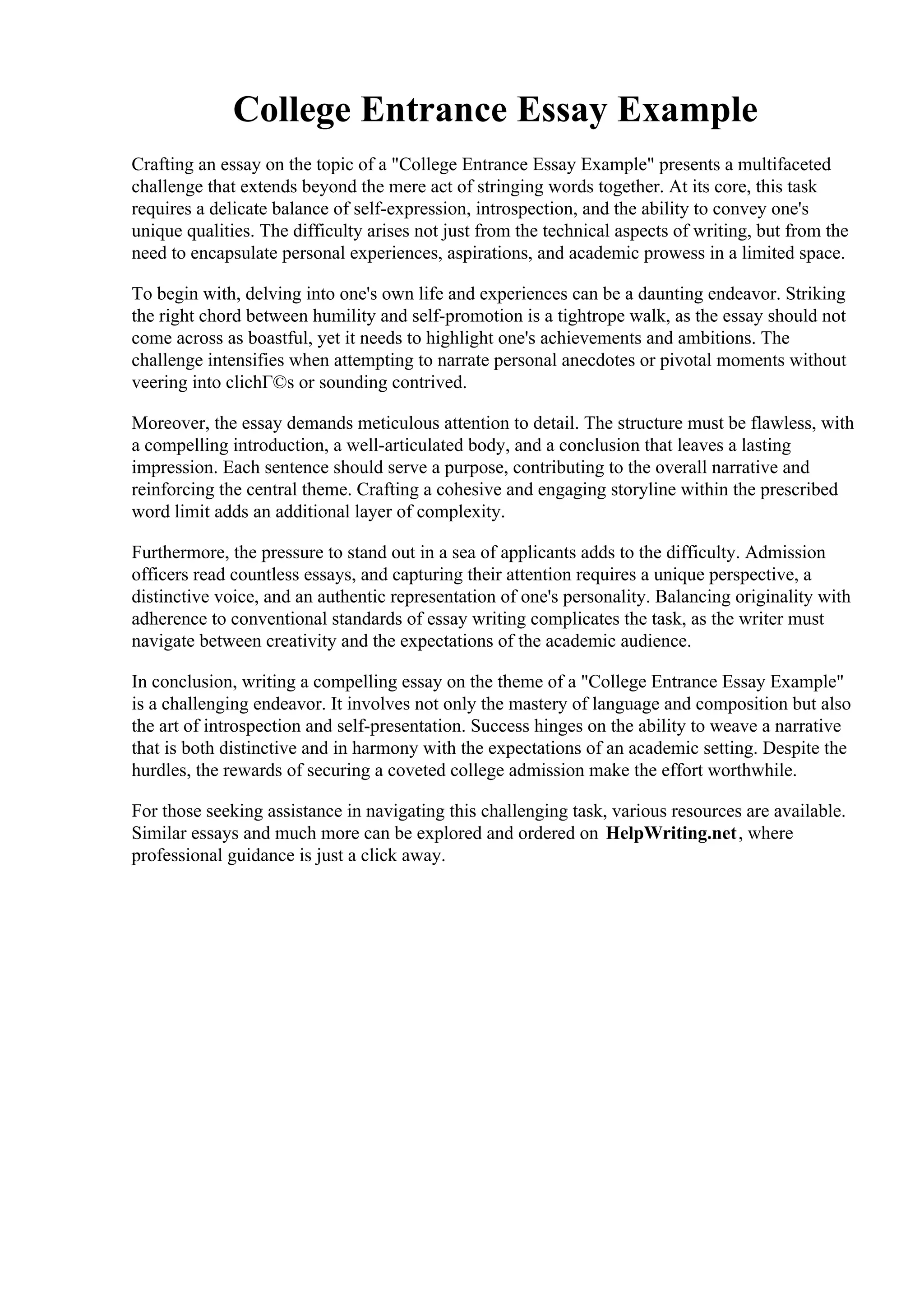 College Entrance Essay Example | PDF