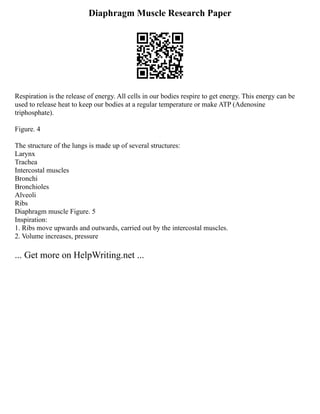 Diaphragm Muscle Research Paper
Respiration is the release of energy. All cells in our bodies respire to get energy. This energy can be
used to release heat to keep our bodies at a regular temperature or make ATP (Adenosine
triphosphate).
Figure. 4
The structure of the lungs is made up of several structures:
Larynx
Trachea
Intercostal muscles
Bronchi
Bronchioles
Alveoli
Ribs
Diaphragm muscle Figure. 5
Inspiration:
1. Ribs move upwards and outwards, carried out by the intercostal muscles.
2. Volume increases, pressure
... Get more on HelpWriting.net ...
 