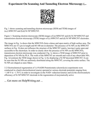 Experiment On Scanning And Tunneling Electron Microscopy (...
Fig. 1 shows scanning and tunneling electron microscopy (SEM and TEM) images of
(a,c) MWCNT and (b,d) Ni NP MWCNT.
Figure 1: Scanning electron microscopy (SEM) images of (a) MWCNT and (b) Ni NP MWCNT and
transmission electron microscopy (TEM) images of (c) MWCNT and (d) Ni NP MWCNT electrodes.
The image in Fig. 1a shows that the MWCNTs form a dense and open matrix of high surface area. The
MWCNTs are 4 5 µm in length and 60 100 nm in diameter. The presence of Ni NPs on the MWCNT
surfaces in Fig. 1b does not influence the structure of the MWCNT matrix, leaving it quite open and
accessible to the electrolyte. In order to clearly show the presence of Ni NPs on the MWCNTs,
transmission electron microscopy was conducted. Fig. 1c shows a TEM image of MWCNT prior to
deposition of Ni NPs by PLA. The walls of the MWCNT are smooth and void of any observable NPs.
Fig. 1d contrasts the TEM image shown in Fig. 1c by displaying a Ni NP decorated MWCNT. It can
be seen that the Ni NPs are uniformly distributed along the MWCNT, covering the entire surface. The
Ni NPs are shaped as nano flakes .
3.2 Electrochemical regeneration of 1,4 NADH Potentiostatic (electrolysis) experiments were
conducted in a batch electrochemical reactor operated at various electrode potentials ranging from
−1.40 V to −1.70 V, in order to investigate (i) the NAD+ reduction kinetics and (ii) the electrocatalytic
efficiency of Ni NP MWCNT electrode in the regeneration of enzymatically active
... Get more on HelpWriting.net ...
 