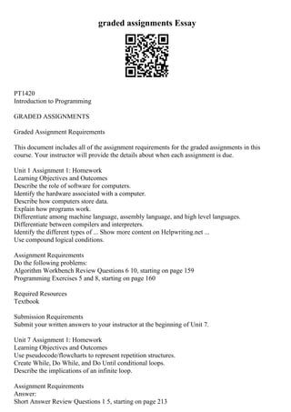 graded assignments Essay
PT1420
Introduction to Programming
GRADED ASSIGNMENTS
Graded Assignment Requirements
This document includes all of the assignment requirements for the graded assignments in this
course. Your instructor will provide the details about when each assignment is due.
Unit 1 Assignment 1: Homework
Learning Objectives and Outcomes
Describe the role of software for computers.
Identify the hardware associated with a computer.
Describe how computers store data.
Explain how programs work.
Differentiate among machine language, assembly language, and high level languages.
Differentiate between compilers and interpreters.
Identify the different types of ... Show more content on Helpwriting.net ...
Use compound logical conditions.
Assignment Requirements
Do the following problems:
Algorithm Workbench Review Questions 6 10, starting on page 159
Programming Exercises 5 and 8, starting on page 160
Required Resources
Textbook
Submission Requirements
Submit your written answers to your instructor at the beginning of Unit 7.
Unit 7 Assignment 1: Homework
Learning Objectives and Outcomes
Use pseudocode/flowcharts to represent repetition structures.
Create While, Do While, and Do Until conditional loops.
Describe the implications of an infinite loop.
Assignment Requirements
Answer:
Short Answer Review Questions 1 5, starting on page 213
 