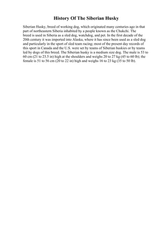 History Of The Siberian Husky
Siberian Husky, breed of working dog, which originated many centuries ago in that
part of northeastern Siberia inhabited by a people known as the Chukchi. The
breed is used in Siberia as a sled dog, watchdog, and pet. In the first decade of the
20th century it was imported into Alaska, where it has since been used as a sled dog
and particularly in the sport of sled team racing; most of the present day records of
this sport in Canada and the U.S. were set by teams of Siberian huskies or by teams
led by dogs of this breed. The Siberian husky is a medium size dog. The male is 53 to
60 cm (21 to 23.5 in) high at the shoulders and weighs 20 to 27 kg (45 to 60 lb); the
female is 51 to 56 cm (20 to 22 in) high and weighs 16 to 23 kg (35 to 50 lb).
 
