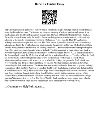 Darwin s Finches Essay
The Galapagos Islands consists of thirteen major islands and over a hundred smaller islands located
along the Ecuadorian coast. The islands are home to a variety of unique species such as sea lions,
sharks, rays, and 26 different species of native birds. Thirteen of these birds are Darwin s finches.
These finches are known to be the world s fastest evolving vertebrates due to their bodies quickly
adapting to the rapidly changing environment (Robertson, N.D. , para.1). Their DNA chemical
makeup causes these adaptations to occur. The finch s most noticeable feature is their evolutionary
adaptations, due to the briskly changing environments. Researchers at Harvard Medical School have
found a molecule that is responsible for shaping the beaks ... Show more content on Helpwriting.net ...
One of its most important characteristics is its beak. The finch adapted to have a thin, long beak to
probe through moss, bark and leaves in search of food (Wildscreen Arkive, N.D.). These finches have
the thinnest beak out of the 13 finches; which aids them to find small insects. The Green Warbler finch
are mostly found in humid highland forest where their primary food source is found. These
adaptations made them more fit to survive on available food. Over the years the finch s beak has
evolved as the bird developed different taste for insects. Another famous adaptation is how they
camouflage in their environment. The Green Warbler is restricted to the forest and is greener in body
colouration, while the Gray Warbler is found in shrubby, dry thickets and is greyer and duller looking
(Certhidea olivacea, 2010). Their coloration helps them camouflage in their own environments, and to
hide from predators. Recent studies have found that there are in fact two separate species of the
Warbler Finch, the Green Warbler Finch and the Grey Warbler Finch, but are considered as a single
species (Wildscreen Arkive, N.D.). The Green Warbler finch mainly occupies larger, inner islands,
while the Grey Warbler finch inhabits the smaller, outer islands (Green Warbler Finch,
... Get more on HelpWriting.net ...
 