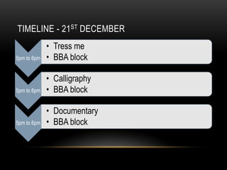 TIMELINE - 21ST DECEMBER
5pm to 6pm
• Tress me
• BBA block
5pm to 6pm
• Calligraphy
• BBA block
5pm to 6pm
• Documentary
• BBA block
 
