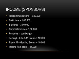 INCOME (SPONSORS)
• Telecommunications – 2,00,000
• Politicians – 1,00,000
• Students – 3,00,000
• Corporate houses- 1,00,000
• Furtado’s – bandwagon
• Fevicryl – Fine Arts Events + 10,000
• Planet M – Gaming Events + 10,000
• Income from stalls – 21,000.
 