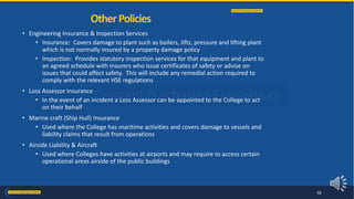 • Engineering Insurance & Inspection Services
• Insurance: Covers damage to plant such as boilers, lifts, pressure and lifting plant
which is not normally insured by a property damage policy
• Inspection: Provides statutory inspection services for that equipment and plant to
an agreed schedule with insurers who issue certificates of safety or advise on
issues that could affect safety. This will include any remedial action required to
comply with the relevant HSE regulations
• Loss Assessor Insurance
• In the event of an incident a Loss Assessor can be appointed to the College to act
on their behalf
• Marine craft (Ship Hull) Insurance
• Used where the College has maritime activities and covers damage to vessels and
liability claims that result from operations
• Airside Liability & Aircraft
• Used where Colleges have activities at airports and may require to access certain
operational areas airside of the public buildings
OtherPolicies
16
 