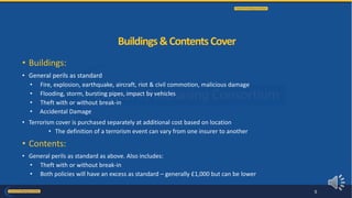 • Buildings:
• General perils as standard
• Fire, explosion, earthquake, aircraft, riot & civil commotion, malicious damage
• Flooding, storm, bursting pipes, impact by vehicles
• Theft with or without break-in
• Accidental Damage
• Terrorism cover is purchased separately at additional cost based on location
• The definition of a terrorism event can vary from one insurer to another
• Contents:
• General perils as standard as above. Also includes:
• Theft with or without break-in
• Both policies will have an excess as standard – generally £1,000 but can be lower
Buildings&ContentsCover
5
 