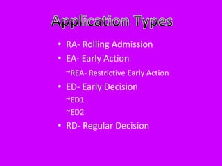 Application TypesRA- Rolling AdmissionEA- Early Action~REA- Restrictive Early ActionED- Early Decision~ED1~ED2RD- Regular Decision