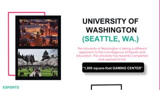 UNIVERSITY OF
WASHINGTON
(SEATTLE, WA.)
The University of Washington is taking a different
approach to the convergence of Esports and
Education. The University has recently completed
and opened its first
“1,000 square-foot GAMING CENTER”
ESPORTS
 