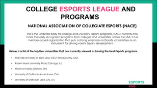 ESPORTS
club
NATIONAL ASSOCIATION OF COLLEGIATE ESPORTS (NACE)
COLLEGE ESPORTS LEAGUE AND
PROGRAMS
This is the umbrella bo...