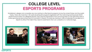 ESPORTS
COLLEGE LEVEL
ESPORTS PROGRAMS
Established colleges and universities are now starting to offer Esports programs across the United States and the world.
Today, there are more than 125 varsity level Esports programs registered with the national governing body NACE
(National Association of Collegiate Esports). Educational organizations that have long been on the spectator side of
online gaming are becoming hubs for innovation in Esports. Schools are starting to offer scholarships for excellence in
Esports to attract the talent they need to build teams that can compete on a national stage.
 