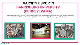 ESPORTS
VARSITY ESPORTS
HARRISBURG UNIVERSITY
(PENNSYLVANIA)
Harrisburg University is a private STEM-focused school located in the Pennsylvania state capital city of Harrisburg. It was
founded in 2001 and places an emphasis on Science, Technology, Engineering, and Mathematics.
 