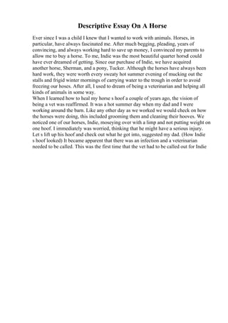 Descriptive Essay On A Horse
Ever since I was a child I knew that I wanted to work with animals. Horses, in
particular, have always fascinated me. After much begging, pleading, years of
convincing, and always working hard to save up money, I convinced my parents to
allow me to buy a horse. To me, Indie was the most beautiful quarter horseI could
have ever dreamed of getting. Since our purchase of Indie, we have acquired
another horse, Sherman, and a pony, Tucker. Although the horses have always been
hard work, they were worth every sweaty hot summer evening of mucking out the
stalls and frigid winter mornings of carrying water to the trough in order to avoid
freezing our hoses. After all, I used to dream of being a veterinarian and helping all
kinds of animals in some way.
When I learned how to heal my horse s hoof a couple of years ago, the vision of
being a vet was reaffirmed. It was a hot summer day when my dad and I were
working around the barn. Like any other day as we worked we would check on how
the horses were doing, this included grooming them and cleaning their hooves. We
noticed one of our horses, Indie, moseying over with a limp and not putting weight on
one hoof. I immediately was worried, thinking that he might have a serious injury.
Let s lift up his hoof and check out what he got into, suggested my dad. (How Indie
s hoof looked) It became apparent that there was an infection and a veterinarian
needed to be called. This was the first time that the vet had to be called out for Indie
 