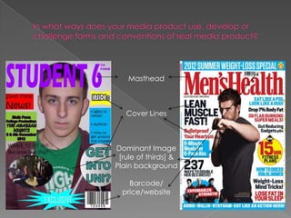 Masthead



   Cover Lines



Dominant Image
 [rule of thirds] &
Plain background

    Barcode/
  price/website
 