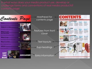 Masthead for
 contents page



Features from front
      cover


   Text layouts

  Sup-headings


Extra information
 