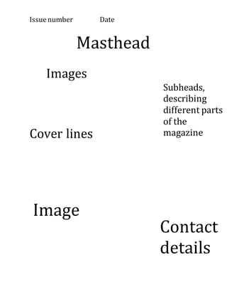 Issue number Date 
Masthead 
Images 
Cover lines 
Image 
Subheads, 
describing 
different parts 
of the 
magazine 
Contact 
details 
