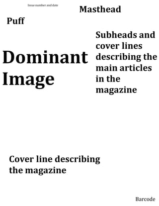 Masthead 
Barcode 
Issue number and date 
Subheads and 
cover lines 
describing the 
main articles 
in the 
magazine 
Puff 
Dominant 
Image 
Cover line describing 
the magazine 
