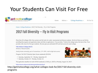 Your Students Can Visit For Free
http://getmetocollege.org/what-colleges-look-for/2017-fall-diversity-visit-
programs
 