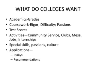 WHAT DO COLLEGES WANT
• Academics-Grades
• Coursework-Rigor; Difficulty; Passions
• Test Scores
• Activities—Community Service, Clubs, Mesa,
Jobs, Internships
• Special skills, passions, culture
• Applications—
– Essays
– Recommendations
 