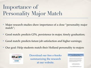 Importance of
Personality Major Match
✤   Major research studies show importance of a close “personality major
    match”;

✤   Good match: predicts GPA, persistence in major, timely graduation;

✤   Good match: predicts future job satisfaction and higher earnings;

✤   Our goal: Help students match their Holland personality to majors

                        Download our free e-books
                        summarizing the research
                            at our website.
 