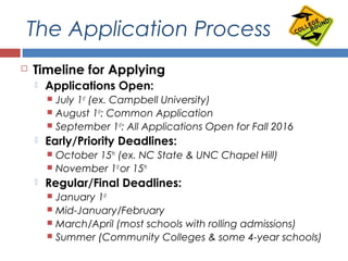 The Application Process
 Timeline for Applying
 Applications Open:
 July 1st
(ex. Campbell University)
 August 1st
: Common Application
 September 1st
: All Applications Open for Fall 2016
 Early/Priority Deadlines:
 October 15th
(ex. NC State & UNC Chapel Hill)
 November 1st
or 15th
 Regular/Final Deadlines:
 January 1st
 Mid-January/February
 March/April (most schools with rolling admissions)
 Summer (Community Colleges & some 4-year schools)
 