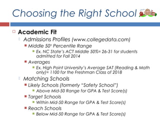 Choosing the Right School
 Academic Fit
 Admissions Profiles (www.collegedata.com)
 Middle 50th
Percentile Range
 Ex. NC State’s ACT Middle 50%= 26-31 for students
admitted for Fall 2014
 Averages
 Ex. High Point University’s Average SAT (Reading & Math
only)= 1100 for the Freshman Class of 2018
 Matching Schools
 Likely Schools (formerly “Safety School”)
 Above Mid-50 Range for GPA & Test Score(s)
 Target Schools
 Within Mid-50 Range for GPA & Test Score(s)
 Reach Schools
 Below Mid-50 Range for GPA & Test Score(s)
 