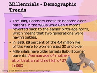 Millennials – Demographic
Trends
• The Baby Boomers chose to become older
parents in the 1980s while Gen X moms
reverted back to the earlier birth-age norm,
which meant that two generations were
having babies.
• In 1989, 29 percent of the 4.4 million live
births were to women aged 30 and older.
• Millennials have older largely Baby Boomer
parents: Average age of mothers
at birth at an all time high of 27
in 1997.
Manning, Everett, & Roberts. Central Piedmont Community College.
 