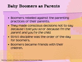 • Boomers rebelled against the parenting
practices of their parents.
• They made conscious decisions not to say
because I told you so or because I’m the
parent and you’re the child.
• Strict discipline was the order of the day
for boomers.
• Boomers became friends with their
children.
Manning, Everett, & Roberts. Central Piedmont Community College.
Baby Boomers as Parents
 