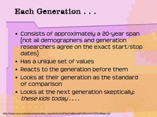 Each Generation . . .
• Consists of approximately a 20-year span
(not all demographers and generation
researchers agree on the exact start/stop
dates)
• Has a unique set of values
• Reacts to the generation before them
• Looks at their generation as the standard
of comparison
• Looks at the next generation skeptically:
these kids today . . . .
http://www.cpcc.edu/planning/studies_reports/ActiveFiles/millennial%20comm%20college.ppt
 