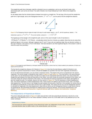 The straight-line path that a helicopter might fly is blocked to you as a pedestrian, and so you are forced to take a two-
dimensional path, such as the one shown. You walk 14 blocks in all, 9 east followed by 5 north. What is the straight-line
distance?
An old adage states that the shortest distance between two points is a straight line. The two legs of the trip and the straight-line
path form a right triangle, and so the Pythagorean theorem, a2
+ b2
= c2
, can be used to find the straight-line distance.
Figure 3.4 The Pythagorean theorem relates the length of the legs of a right triangle, labeled a and b , with the hypotenuse, labeled c . The
relationship is given by: a2
+ b2
= c2
. This can be rewritten, solving for c : c = a2
+ b2
.
The hypotenuse of the triangle is the straight-line path, and so in this case its length in units of city blocks is
(9 blocks)2
+ (5 blocks)2
= 10.3 blocks , considerably shorter than the 14 blocks you walked. (Note that we are using three
significant figures in the answer. Although it appears that “9” and “5” have only one significant digit, they are discrete numbers. In
this case “9 blocks” is the same as “9.0 or 9.00 blocks.” We have decided to use three significant figures in the answer in order to
show the result more precisely.)
Figure 3.5 The straight-line path followed by a helicopter between the two points is shorter than the 14 blocks walked by the pedestrian. All blocks are
square and the same size.
The fact that the straight-line distance (10.3 blocks) in Figure 3.5 is less than the total distance walked (14 blocks) is one
example of a general characteristic of vectors. (Recall that vectors are quantities that have both magnitude and direction.)
As for one-dimensional kinematics, we use arrows to represent vectors. The length of the arrow is proportional to the vector's
magnitude. The arrow's length is indicated by hash marks in Figure 3.3 and Figure 3.5. The arrow points in the same direction
as the vector. For two-dimensional motion, the path of an object can be represented with three vectors: one vector shows the
straight-line path between the initial and final points of the motion, one vector shows the horizontal component of the motion, and
one vector shows the vertical component of the motion. The horizontal and vertical components of the motion add together to
give the straight-line path. For example, observe the three vectors in Figure 3.5. The first represents a 9-block displacement
east. The second represents a 5-block displacement north. These vectors are added to give the third vector, with a 10.3-block
total displacement. The third vector is the straight-line path between the two points. Note that in this example, the vectors that we
are adding are perpendicular to each other and thus form a right triangle. This means that we can use the Pythagorean theorem
to calculate the magnitude of the total displacement. (Note that we cannot use the Pythagorean theorem to add vectors that are
not perpendicular. We will develop techniques for adding vectors having any direction, not just those perpendicular to one
another, in Vector Addition and Subtraction: Graphical Methods and Vector Addition and Subtraction: Analytical
Methods.)
The Independence of Perpendicular Motions
The person taking the path shown in Figure 3.5 walks east and then north (two perpendicular directions). How far he or she
walks east is only affected by his or her motion eastward. Similarly, how far he or she walks north is only affected by his or her
motion northward.
Independence of Motion
The horizontal and vertical components of two-dimensional motion are independent of each other. Any motion in the
horizontal direction does not affect motion in the vertical direction, and vice versa.
Chapter 3 | Two-Dimensional Kinematics 97
 