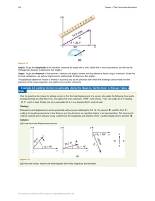 Figure 3.14
Step 5. To get the magnitude of the resultant, measure its length with a ruler. (Note that in most calculations, we will use the
Pythagorean theorem to determine this length.)
Step 6. To get the direction of the resultant, measure the angle it makes with the reference frame using a protractor. (Note that
in most calculations, we will use trigonometric relationships to determine this angle.)
The graphical addition of vectors is limited in accuracy only by the precision with which the drawings can be made and the
precision of the measuring tools. It is valid for any number of vectors.
Example 3.1 Adding Vectors Graphically Using the Head-to-Tail Method: A Woman Takes a
Walk
Use the graphical technique for adding vectors to find the total displacement of a person who walks the following three paths
(displacements) on a flat field. First, she walks 25.0 m in a direction 49.0° north of east. Then, she walks 23.0 m heading
15.0° north of east. Finally, she turns and walks 32.0 m in a direction 68.0° south of east.
Strategy
Represent each displacement vector graphically with an arrow, labeling the first A , the second B , and the third C ,
making the lengths proportional to the distance and the directions as specified relative to an east-west line. The head-to-tail
method outlined above will give a way to determine the magnitude and direction of the resultant displacement, denoted R .
Solution
(1) Draw the three displacement vectors.
Figure 3.15
(2) Place the vectors head to tail retaining both their initial magnitude and direction.
102 Chapter 3 | Two-Dimensional Kinematics
This content is available for free at http://cnx.org/content/col11844/1.13
 