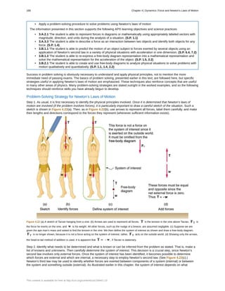 • Apply a problem-solving procedure to solve problems using Newton's laws of motion
The information presented in this section supports the following AP® learning objectives and science practices:
• 3.A.2.1 The student is able to represent forces in diagrams or mathematically using appropriately labeled vectors with
magnitude, direction, and units during the analysis of a situation. (S.P. 1.1)
• 3.A.3.3 The student is able to describe a force as an interaction between two objects and identify both objects for any
force. (S.P. 1.4)
• 3.B.1.1 The student is able to predict the motion of an object subject to forces exerted by several objects using an
application of Newton's second law in a variety of physical situations with acceleration in one dimension. (S.P. 6.4, 7.2)
• 3.B.1.3 The student is able to re-express a free-body diagram representation into a mathematical representation and
solve the mathematical representation for the acceleration of the object. (S.P. 1.5, 2.2)
• 3.B.2.1 The student is able to create and use free-body diagrams to analyze physical situations to solve problems with
motion qualitatively and quantitatively. (S.P. 1.1, 1.4, 2.2)
Success in problem solving is obviously necessary to understand and apply physical principles, not to mention the more
immediate need of passing exams. The basics of problem solving, presented earlier in this text, are followed here, but specific
strategies useful in applying Newton’s laws of motion are emphasized. These techniques also reinforce concepts that are useful
in many other areas of physics. Many problem-solving strategies are stated outright in the worked examples, and so the following
techniques should reinforce skills you have already begun to develop.
Problem-Solving Strategy for Newton’s Laws of Motion
Step 1. As usual, it is first necessary to identify the physical principles involved. Once it is determined that Newton’s laws of
motion are involved (if the problem involves forces), it is particularly important to draw a careful sketch of the situation. Such a
sketch is shown in Figure 4.22(a). Then, as in Figure 4.22(b), use arrows to represent all forces, label them carefully, and make
their lengths and directions correspond to the forces they represent (whenever sufficient information exists).
Figure 4.22 (a) A sketch of Tarzan hanging from a vine. (b) Arrows are used to represent all forces. T is the tension in the vine above Tarzan, FT is
the force he exerts on the vine, and w is his weight. All other forces, such as the nudge of a breeze, are assumed negligible. (c) Suppose we are
given the ape man’s mass and asked to find the tension in the vine. We then define the system of interest as shown and draw a free-body diagram.
FT is no longer shown, because it is not a force acting on the system of interest; rather, FT acts on the outside world. (d) Showing only the arrows,
the head-to-tail method of addition is used. It is apparent that T = - w , if Tarzan is stationary.
Step 2. Identify what needs to be determined and what is known or can be inferred from the problem as stated. That is, make a
list of knowns and unknowns. Then carefully determine the system of interest. This decision is a crucial step, since Newton’s
second law involves only external forces. Once the system of interest has been identified, it becomes possible to determine
which forces are external and which are internal, a necessary step to employ Newton’s second law. (See Figure 4.22(c).)
Newton’s third law may be used to identify whether forces are exerted between components of a system (internal) or between
the system and something outside (external). As illustrated earlier in this chapter, the system of interest depends on what
166 Chapter 4 | Dynamics: Force and Newton's Laws of Motion
This content is available for free at http://cnx.org/content/col11844/1.13
 
