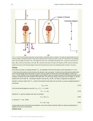 Figure 4.25 (a) The various forces acting when a person stands on a bathroom scale in an elevator. The arrows are approximately correct for
when the elevator is accelerating upward—broken arrows represent forces too large to be drawn to scale. T is the tension in the supporting
cable, w is the weight of the person, ws is the weight of the scale, we is the weight of the elevator, Fs is the force of the scale on the
person, Fp is the force of the person on the scale, Ft is the force of the scale on the floor of the elevator, and N is the force of the floor
upward on the scale. (b) The free-body diagram shows only the external forces acting on the designated system of interest—the person.
Strategy
If the scale is accurate, its reading will equal Fp , the magnitude of the force the person exerts downward on it. Figure
4.25(a) shows the numerous forces acting on the elevator, scale, and person. It makes this one-dimensional problem look
much more formidable than if the person is chosen to be the system of interest and a free-body diagram is drawn as in
Figure 4.25(b). Analysis of the free-body diagram using Newton’s laws can produce answers to both parts (a) and (b) of this
example, as well as some other questions that might arise. The only forces acting on the person are his weight w and the
upward force of the scale Fs . According to Newton’s third law Fp and Fs are equal in magnitude and opposite in
direction, so that we need to find Fs in order to find what the scale reads. We can do this, as usual, by applying Newton’s
second law,
(4.78)Fnet = ma.
From the free-body diagram we see that Fnet = Fs − w , so that
(4.79)Fs − w = ma.
Solving for Fs gives an equation with only one unknown:
(4.80)Fs = ma + w,
or, because w = mg , simply
(4.81)Fs = ma + mg.
No assumptions were made about the acceleration, and so this solution should be valid for a variety of accelerations in
addition to the ones in this exercise.
Solution for (a)
172 Chapter 4 | Dynamics: Force and Newton's Laws of Motion
This content is available for free at http://cnx.org/content/col11844/1.13
 