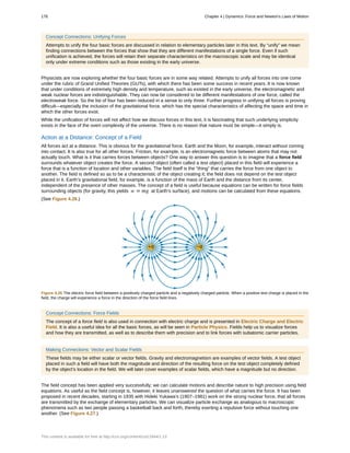 Concept Connections: Unifying Forces
Attempts to unify the four basic forces are discussed in relation to elementary particles later in this text. By “unify” we mean
finding connections between the forces that show that they are different manifestations of a single force. Even if such
unification is achieved, the forces will retain their separate characteristics on the macroscopic scale and may be identical
only under extreme conditions such as those existing in the early universe.
Physicists are now exploring whether the four basic forces are in some way related. Attempts to unify all forces into one come
under the rubric of Grand Unified Theories (GUTs), with which there has been some success in recent years. It is now known
that under conditions of extremely high density and temperature, such as existed in the early universe, the electromagnetic and
weak nuclear forces are indistinguishable. They can now be considered to be different manifestations of one force, called the
electroweak force. So the list of four has been reduced in a sense to only three. Further progress in unifying all forces is proving
difficult—especially the inclusion of the gravitational force, which has the special characteristics of affecting the space and time in
which the other forces exist.
While the unification of forces will not affect how we discuss forces in this text, it is fascinating that such underlying simplicity
exists in the face of the overt complexity of the universe. There is no reason that nature must be simple—it simply is.
Action at a Distance: Concept of a Field
All forces act at a distance. This is obvious for the gravitational force. Earth and the Moon, for example, interact without coming
into contact. It is also true for all other forces. Friction, for example, is an electromagnetic force between atoms that may not
actually touch. What is it that carries forces between objects? One way to answer this question is to imagine that a force field
surrounds whatever object creates the force. A second object (often called a test object) placed in this field will experience a
force that is a function of location and other variables. The field itself is the “thing” that carries the force from one object to
another. The field is defined so as to be a characteristic of the object creating it; the field does not depend on the test object
placed in it. Earth’s gravitational field, for example, is a function of the mass of Earth and the distance from its center,
independent of the presence of other masses. The concept of a field is useful because equations can be written for force fields
surrounding objects (for gravity, this yields w = mg at Earth’s surface), and motions can be calculated from these equations.
(See Figure 4.26.)
Figure 4.26 The electric force field between a positively charged particle and a negatively charged particle. When a positive test charge is placed in the
field, the charge will experience a force in the direction of the force field lines.
Concept Connections: Force Fields
The concept of a force field is also used in connection with electric charge and is presented in Electric Charge and Electric
Field. It is also a useful idea for all the basic forces, as will be seen in Particle Physics. Fields help us to visualize forces
and how they are transmitted, as well as to describe them with precision and to link forces with subatomic carrier particles.
Making Connections: Vector and Scalar Fields
These fields may be either scalar or vector fields. Gravity and electromagnetism are examples of vector fields. A test object
placed in such a field will have both the magnitude and direction of the resulting force on the test object completely defined
by the object’s location in the field. We will later cover examples of scalar fields, which have a magnitude but no direction.
The field concept has been applied very successfully; we can calculate motions and describe nature to high precision using field
equations. As useful as the field concept is, however, it leaves unanswered the question of what carries the force. It has been
proposed in recent decades, starting in 1935 with Hideki Yukawa’s (1907–1981) work on the strong nuclear force, that all forces
are transmitted by the exchange of elementary particles. We can visualize particle exchange as analogous to macroscopic
phenomena such as two people passing a basketball back and forth, thereby exerting a repulsive force without touching one
another. (See Figure 4.27.)
176 Chapter 4 | Dynamics: Force and Newton's Laws of Motion
This content is available for free at http://cnx.org/content/col11844/1.13
 