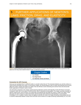 5 FURTHER APPLICATIONS OF NEWTON'S
LAWS: FRICTION, DRAG, AND ELASTICITY
Figure 5.1 Total hip replacement surgery has become a common procedure. The head (or ball) of the patient's femur fits into a cup that has a hard
plastic-like inner lining. (credit: National Institutes of Health, via Wikimedia Commons)
Chapter Outline
5.1. Friction
5.2. Drag Forces
5.3. Elasticity: Stress and Strain
Connection for AP® Courses
Have you ever wondered why it is difficult to walk on a smooth surface like ice? The interaction between you and the surface is a
result of forces that affect your motion. In the previous chapter, you learned Newton's laws of motion and examined how net force
affects the motion, position and shape of an object. Now we will look at some interesting and common forces that will provide
further applications of Newton's laws of motion.
The information presented in this chapter supports learning objectives covered under Big Idea 3 of the AP Physics Curriculum
Framework, which refer to the nature of forces and their roles in interactions among objects. The chapter discusses examples of
specific contact forces, such as friction, air or liquid drag, and elasticity that may affect the motion or shape of an object. It also
discusses the nature of forces on both macroscopic and microscopic levels (Enduring Understanding 3.C and Essential
Knowledge 3.C.4). In addition, Newton's laws are applied to describe the motion of an object (Enduring Understanding 3.B) and
to examine relationships between contact forces and other forces exerted on an object (Enduring Understanding 3.A, 3.A.3 and
Chapter 5 | Further Applications of Newton's Laws: Friction, Drag, and Elasticity 191
 