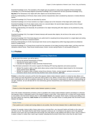 Essential Knowledge 3.A.4). The examples in this chapter give you practice in using vector properties of forces (Essential
Knowledge 3.A.2) and free-body diagrams (Essential Knowledge 3.B.2) to determine net force (Essential Knowledge 3.B.1).
Big Idea 3 The interactions of an object with other objects can be described by forces.
Enduring Understanding 3.A All forces share certain common characteristics when considered by observers in inertial reference
frames.
Essential Knowledge 3.A.2 Forces are described by vectors.
Essential Knowledge 3.A.3 A force exerted on an object is always due to the interaction of that object with another object.
Essential Knowledge 3.A.4 If one object exerts a force on a second object, the second object always exerts a force of equal
magnitude on the ﬁrst object in the opposite direction.
Enduring Understanding 3.B Classically, the acceleration of an object interacting with other objects can be predicted by using
a→ =
∑ F
→
m .
Essential Knowledge 3.B.1 If an object of interest interacts with several other objects, the net force is the vector sum of the
individual forces.
Essential Knowledge 3.B.2 Free-body diagrams are useful tools for visualizing forces being exerted on a single object and writing
the equations that represent a physical situation.
Enduring Understanding 3.C At the macroscopic level, forces can be categorized as either long-range (action-at-a-distance)
forces or contact forces.
Essential Knowledge 3.C.4 Contact forces result from the interaction of one object touching another object, and they arise from
interatomic electric forces. These forces include tension, friction, normal, spring (Physics 1), and buoyant (Physics 2).
5.1 Friction
Learning Objectives
By the end of this section, you will be able to:
• Discuss the general characteristics of friction.
• Describe the various types of friction.
• Calculate the magnitudes of static and kinetic frictional forces.
The information presented in this section supports the following AP® learning objectives and science practices:
• 3.C.4.1 The student is able to make claims about various contact forces between objects based on the microscopic
cause of those forces. (S.P. 6.1)
• 3.C.4.2 The student is able to explain contact forces (tension, friction, normal, buoyant, spring) as arising from
interatomic electric forces and that they therefore have certain directions. (S.P. 6.2)
Friction is a force that is around us all the time that opposes relative motion between systems in contact but also allows us to
move (which you have discovered if you have ever tried to walk on ice). While a common force, the behavior of friction is actually
very complicated and is still not completely understood. We have to rely heavily on observations for whatever understandings we
can gain. However, we can still deal with its more elementary general characteristics and understand the circumstances in which
it behaves.
Friction
Friction is a force that opposes relative motion between systems in contact.
One of the simpler characteristics of friction is that it is parallel to the contact surface between systems and always in a direction
that opposes motion or attempted motion of the systems relative to each other. If two systems are in contact and moving relative
to one another, then the friction between them is called kinetic friction. For example, friction slows a hockey puck sliding on ice.
But when objects are stationary, static friction can act between them; the static friction is usually greater than the kinetic friction
between the objects.
Kinetic Friction
If two systems are in contact and moving relative to one another, then the friction between them is called kinetic friction.
Imagine, for example, trying to slide a heavy crate across a concrete floor—you may push harder and harder on the crate and
not move it at all. This means that the static friction responds to what you do—it increases to be equal to and in the opposite
direction of your push. But if you finally push hard enough, the crate seems to slip suddenly and starts to move. Once in motion it
is easier to keep it in motion than it was to get it started, indicating that the kinetic friction force is less than the static friction
192 Chapter 5 | Further Applications of Newton's Laws: Friction, Drag, and Elasticity
This content is available for free at http://cnx.org/content/col11844/1.13
 