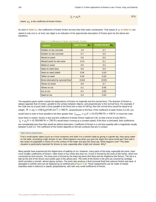 (5.5)fk = µkN,
where µk is the coefficient of kinetic friction.
As seen in Table 5.1, the coefficients of kinetic friction are less than their static counterparts. That values of µ in Table 5.1 are
stated to only one or, at most, two digits is an indication of the approximate description of friction given by the above two
equations.
Table 5.1 Coefficients of Static and Kinetic Friction
System Static friction μs Kinetic friction μk
Rubber on dry concrete 1.0 0.7
Rubber on wet concrete 0.7 0.5
Wood on wood 0.5 0.3
Waxed wood on wet snow 0.14 0.1
Metal on wood 0.5 0.3
Steel on steel (dry) 0.6 0.3
Steel on steel (oiled) 0.05 0.03
Teflon on steel 0.04 0.04
Bone lubricated by synovial fluid 0.016 0.015
Shoes on wood 0.9 0.7
Shoes on ice 0.1 0.05
Ice on ice 0.1 0.03
Steel on ice 0.4 0.02
The equations given earlier include the dependence of friction on materials and the normal force. The direction of friction is
always opposite that of motion, parallel to the surface between objects, and perpendicular to the normal force. For example, if
the crate you try to push (with a force parallel to the floor) has a mass of 100 kg, then the normal force would be equal to its
weight, W = mg = (100 kg)(9.80 m/s2
) = 980 N , perpendicular to the floor. If the coefficient of static friction is 0.45, you
would have to exert a force parallel to the floor greater than fs(max) = µsN = (0.45)(980 N) = 440 N to move the crate.
Once there is motion, friction is less and the coefficient of kinetic friction might be 0.30, so that a force of only 290 N (
fk = µkN = (0.30)(980 N) = 290 N ) would keep it moving at a constant speed. If the floor is lubricated, both coefficients
are considerably less than they would be without lubrication. Coefficient of friction is a unit less quantity with a magnitude usually
between 0 and 1.0. The coefficient of the friction depends on the two surfaces that are in contact.
Take-Home Experiment
Find a small plastic object (such as a food container) and slide it on a kitchen table by giving it a gentle tap. Now spray water
on the table, simulating a light shower of rain. What happens now when you give the object the same-sized tap? Now add a
few drops of (vegetable or olive) oil on the surface of the water and give the same tap. What happens now? This latter
situation is particularly important for drivers to note, especially after a light rain shower. Why?
Many people have experienced the slipperiness of walking on ice. However, many parts of the body, especially the joints, have
much smaller coefficients of friction—often three or four times less than ice. A joint is formed by the ends of two bones, which are
connected by thick tissues. The knee joint is formed by the lower leg bone (the tibia) and the thighbone (the femur). The hip is a
ball (at the end of the femur) and socket (part of the pelvis) joint. The ends of the bones in the joint are covered by cartilage,
which provides a smooth, almost glassy surface. The joints also produce a fluid (synovial fluid) that reduces friction and wear. A
damaged or arthritic joint can be replaced by an artificial joint (Figure 5.3). These replacements can be made of metals
(stainless steel or titanium) or plastic (polyethylene), also with very small coefficients of friction.
194 Chapter 5 | Further Applications of Newton's Laws: Friction, Drag, and Elasticity
This content is available for free at http://cnx.org/content/col11844/1.13
 