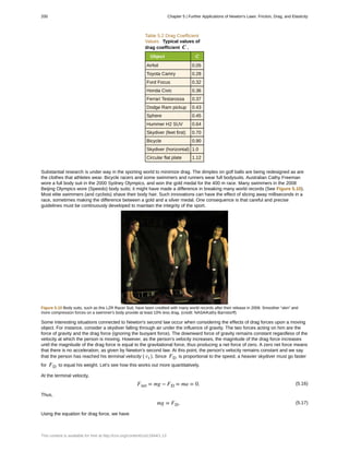Table 5.2 Drag Coefficient
Values Typical values of
drag coefficient C .
Object C
Airfoil 0.05
Toyota Camry 0.28
Ford Focus 0.32
Honda Civic 0.36
Ferrari Testarossa 0.37
Dodge Ram pickup 0.43
Sphere 0.45
Hummer H2 SUV 0.64
Skydiver (feet first) 0.70
Bicycle 0.90
Skydiver (horizontal) 1.0
Circular flat plate 1.12
Substantial research is under way in the sporting world to minimize drag. The dimples on golf balls are being redesigned as are
the clothes that athletes wear. Bicycle racers and some swimmers and runners wear full bodysuits. Australian Cathy Freeman
wore a full body suit in the 2000 Sydney Olympics, and won the gold medal for the 400 m race. Many swimmers in the 2008
Beijing Olympics wore (Speedo) body suits; it might have made a difference in breaking many world records (See Figure 5.10).
Most elite swimmers (and cyclists) shave their body hair. Such innovations can have the effect of slicing away milliseconds in a
race, sometimes making the difference between a gold and a silver medal. One consequence is that careful and precise
guidelines must be continuously developed to maintain the integrity of the sport.
Figure 5.10 Body suits, such as this LZR Racer Suit, have been credited with many world records after their release in 2008. Smoother “skin” and
more compression forces on a swimmer's body provide at least 10% less drag. (credit: NASA/Kathy Barnstorff)
Some interesting situations connected to Newton's second law occur when considering the effects of drag forces upon a moving
object. For instance, consider a skydiver falling through air under the influence of gravity. The two forces acting on him are the
force of gravity and the drag force (ignoring the buoyant force). The downward force of gravity remains constant regardless of the
velocity at which the person is moving. However, as the person's velocity increases, the magnitude of the drag force increases
until the magnitude of the drag force is equal to the gravitational force, thus producing a net force of zero. A zero net force means
that there is no acceleration, as given by Newton's second law. At this point, the person's velocity remains constant and we say
that the person has reached his terminal velocity ( vt ). Since FD is proportional to the speed, a heavier skydiver must go faster
for FD to equal his weight. Let's see how this works out more quantitatively.
At the terminal velocity,
(5.16)Fnet = mg − FD = ma = 0.
Thus,
(5.17)mg = FD.
Using the equation for drag force, we have
200 Chapter 5 | Further Applications of Newton's Laws: Friction, Drag, and Elasticity
This content is available for free at http://cnx.org/content/col11844/1.13
 
