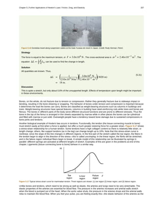 Figure 5.16 Gondolas travel along suspension cables at the Gala Yuzawa ski resort in Japan. (credit: Rudy Herman, Flickr)
Strategy
The force is equal to the maximum tension, or F = 3.0×106
N . The cross-sectional area is πr2
= 2.46×10−3
m2
. The
equation ΔL = 1
Y
F
A
L0 can be used to find the change in length.
Solution
All quantities are known. Thus,
(5.31)
ΔL =
⎛
⎝
1
210×109
N/m2
⎞
⎠
⎛
⎝
3.0×106
N
2.46×10–3
m2
⎞
⎠(3020 m)
= 18 m.
Discussion
This is quite a stretch, but only about 0.6% of the unsupported length. Effects of temperature upon length might be important
in these environments.
Bones, on the whole, do not fracture due to tension or compression. Rather they generally fracture due to sideways impact or
bending, resulting in the bone shearing or snapping. The behavior of bones under tension and compression is important because
it determines the load the bones can carry. Bones are classified as weight-bearing structures such as columns in buildings and
trees. Weight-bearing structures have special features; columns in building have steel-reinforcing rods while trees and bones are
fibrous. The bones in different parts of the body serve different structural functions and are prone to different stresses. Thus the
bone in the top of the femur is arranged in thin sheets separated by marrow while in other places the bones can be cylindrical
and filled with marrow or just solid. Overweight people have a tendency toward bone damage due to sustained compressions in
bone joints and tendons.
Another biological example of Hooke's law occurs in tendons. Functionally, the tendon (the tissue connecting muscle to bone)
must stretch easily at first when a force is applied, but offer a much greater restoring force for a greater strain. Figure 5.17 shows
a stress-strain relationship for a human tendon. Some tendons have a high collagen content so there is relatively little strain, or
length change; others, like support tendons (as in the leg) can change length up to 10%. Note that this stress-strain curve is
nonlinear, since the slope of the line changes in different regions. In the first part of the stretch called the toe region, the fibers in
the tendon begin to align in the direction of the stress—this is called uncrimping. In the linear region, the fibrils will be stretched,
and in the failure region individual fibers begin to break. A simple model of this relationship can be illustrated by springs in
parallel: different springs are activated at different lengths of stretch. Examples of this are given in the problems at end of this
chapter. Ligaments (tissue connecting bone to bone) behave in a similar way.
Figure 5.17 Typical stress-strain curve for mammalian tendon. Three regions are shown: (1) toe region (2) linear region, and (3) failure region.
Unlike bones and tendons, which need to be strong as well as elastic, the arteries and lungs need to be very stretchable. The
elastic properties of the arteries are essential for blood flow. The pressure in the arteries increases and arterial walls stretch
when the blood is pumped out of the heart. When the aortic valve shuts, the pressure in the arteries drops and the arterial walls
relax to maintain the blood flow. When you feel your pulse, you are feeling exactly this—the elastic behavior of the arteries as the
Chapter 5 | Further Applications of Newton's Laws: Friction, Drag, and Elasticity 207
 