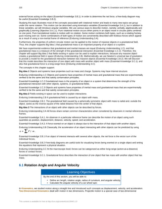 external forces acting on the object (Essential Knowledge 3.B.1). In order to determine the net force, a free-body diagram may
be useful (Essential Knowledge 3.B.2).
Studying this topic illustrates most of the concepts associated with rotational motion and leads to many new topics we group
under the name rotation. This motion can be described using kinematics variables (Essential Knowledge 3.A.1), but in addition to
linear variables, we will introduce angular variables. We use various ways to describe motion, namely, verbally, algebraically and
graphically (Learning Objective 3.A.1.1). Pure rotational motion occurs when points in an object move in circular paths centered
on one point. Pure translational motion is motion with no rotation. Some motion combines both types, such as a rotating hockey
puck moving over ice. Some combinations of both types of motion are conveniently described with fictitious forces which appear
as a result of using a non-inertial frame of reference (Enduring Understanding 3.A).
Furthermore, the properties of uniform circular motion can be applied to the motion of massive objects in a gravitational field.
Thus, this chapter supports Big Idea 1 that gravitational mass is an important property of an object or a system.
We have experimental evidence that gravitational and inertial masses are equal (Enduring Understanding 1.C), and that
gravitational mass is a measure of the strength of the gravitational interaction (Essential Knowledge 1.C.2). Therefore, this
chapter will support Big Idea 2 that fields existing in space can be used to explain interactions, because any massive object
creates a gravitational field in space (Enduring Understanding 2.B). Mathematically, we use Newton's universal law of gravitation
to provide a model for the gravitational interaction between two massive objects (Essential Knowledge 2.B.2). We will discover
that this model describes the interaction of one object with mass with another object with mass (Essential Knowledge 3.C.1), and
also that gravitational force is a long-range force (Enduring Understanding 3.C).
The concepts in this chapter support:
Big Idea 1 Objects and systems have properties such as mass and charge. Systems may have internal structure.
Enduring Understanding 1.C Objects and systems have properties of inertial mass and gravitational mass that are experimentally
verified to be the same and that satisfy conservation principles.
Essential Knowledge 1.C.2 Gravitational mass is the property of an object or a system that determines the strength of the
gravitational interaction with other objects, systems, or gravitational fields.
Essential Knowledge 1.C.3 Objects and systems have properties of inertial mass and gravitational mass that are experimentally
verified to be the same and that satisfy conservation principles.
Big Idea 2 Fields existing in space can be used to explain interactions.
Enduring Understanding 2.B A gravitational field is caused by an object with mass.
Essential Knowledge 2.B.2. The gravitational field caused by a spherically symmetric object with mass is radial and, outside the
object, varies as the inverse square of the radial distance from the center of that object.
Big Idea 3 The interactions of an object with other objects can be described by forces.
Enduring Understanding 3.A All forces share certain common characteristics when considered by observers in inertial reference
frames.
Essential Knowledge 3.A.1. An observer in a particular reference frame can describe the motion of an object using such
quantities as position, displacement, distance, velocity, speed, and acceleration.
Essential Knowledge 3.A.3. A force exerted on an object is always due to the interaction of that object with another object.
Enduring Understanding 3.B Classically, the acceleration of an object interacting with other objects can be predicted by using
a = ∑ F / m .
Essential Knowledge 3.B.1 If an object of interest interacts with several other objects, the net force is the vector sum of the
individual forces.
Essential Knowledge 3.B.2 Free-body diagrams are useful tools for visualizing forces being exerted on a single object and writing
the equations that represent a physical situation.
Enduring Understanding 3.C At the macroscopic level, forces can be categorized as either long-range (action-at-a-distance)
forces or contact forces.
Essential Knowledge 3.C.1. Gravitational force describes the interaction of one object that has mass with another object that has
mass.
6.1 Rotation Angle and Angular Velocity
Learning Objectives
By the end of this section, you will be able to:
• Define arc length, rotation angle, radius of curvature, and angular velocity.
• Calculate the angular velocity of a car wheel spin.
In Kinematics, we studied motion along a straight line and introduced such concepts as displacement, velocity, and acceleration.
Two-Dimensional Kinematics dealt with motion in two dimensions. Projectile motion is a special case of two-dimensional
220 Chapter 6 | Gravitation and Uniform Circular Motion
This content is available for free at http://cnx.org/content/col11844/1.13
 