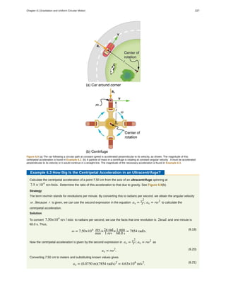 Figure 6.9 (a) The car following a circular path at constant speed is accelerated perpendicular to its velocity, as shown. The magnitude of this
centripetal acceleration is found in Example 6.2. (b) A particle of mass in a centrifuge is rotating at constant angular velocity . It must be accelerated
perpendicular to its velocity or it would continue in a straight line. The magnitude of the necessary acceleration is found in Example 6.3.
Example 6.3 How Big Is the Centripetal Acceleration in an Ultracentrifuge?
Calculate the centripetal acceleration of a point 7.50 cm from the axis of an ultracentrifuge spinning at
7.5 × 104
rev/min. Determine the ratio of this acceleration to that due to gravity. See Figure 6.9(b).
Strategy
The term rev/min stands for revolutions per minute. By converting this to radians per second, we obtain the angular velocity
ω . Because r is given, we can use the second expression in the equation ac = v2
r ; ac = rω2
to calculate the
centripetal acceleration.
Solution
To convert 7.50×104
rev / min to radians per second, we use the facts that one revolution is 2πrad and one minute is
60.0 s. Thus,
(6.19)
ω = 7.50×104 rev
min
×2π rad
1 rev
× 1 min
60.0 s
= 7854 rad/s.
Now the centripetal acceleration is given by the second expression in ac = v2
r ; ac = rω2
as
(6.20)ac = rω2
.
Converting 7.50 cm to meters and substituting known values gives
(6.21)ac = (0.0750 m)(7854 rad/s)2
= 4.63×106
m/s2
.
Chapter 6 | Gravitation and Uniform Circular Motion 227
 